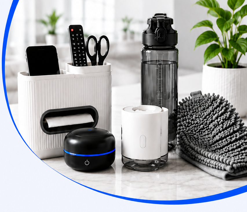 A styled tabletop scene with a white storage organizer holding a smartphone and scissors, a dark gray water bottle, a white mug, a black round device with a blue light ring, and a black-and-white patterned hairbrush, with a potted plant in the background. A large light gray rectangle obscures the center of the frame.